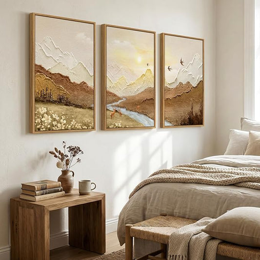 Framed Abstract Mountain Landscape Wall Art for Living Room, 3 Piece Brown Neutral Sunset Scenic Print Canvas Artwork for Walls, Large River Deer Bird Nature Wall Decor for Bedroom Office, 24x36 Inch
