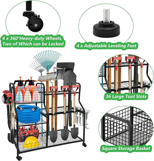Garden Tool Organizer with 4 Wheels, Garden Tool Rack with 2 Storage Basket, 3 Tier Utility Garden Tool Storage with 12 Hooks for Garage/Yard/Shed/Garage/Basement/Lawn