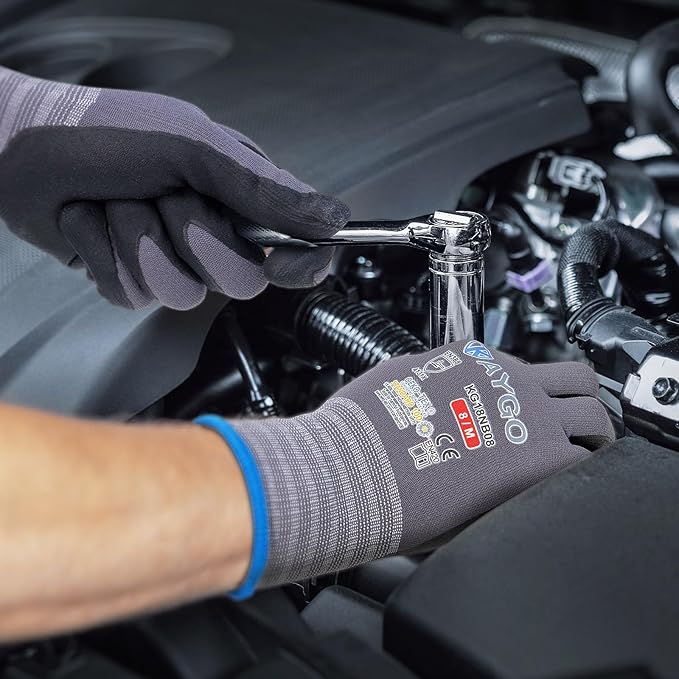 KAYGO Safety Work Gloves MicroFoam Nitrile Coated-3 Pairs, KG18NB,Seamless Knit Nylon Glove with Black Micro-Foam Nitrile Grip,Ideal for General Purpose,Automotive,Home Improvement,Red medium