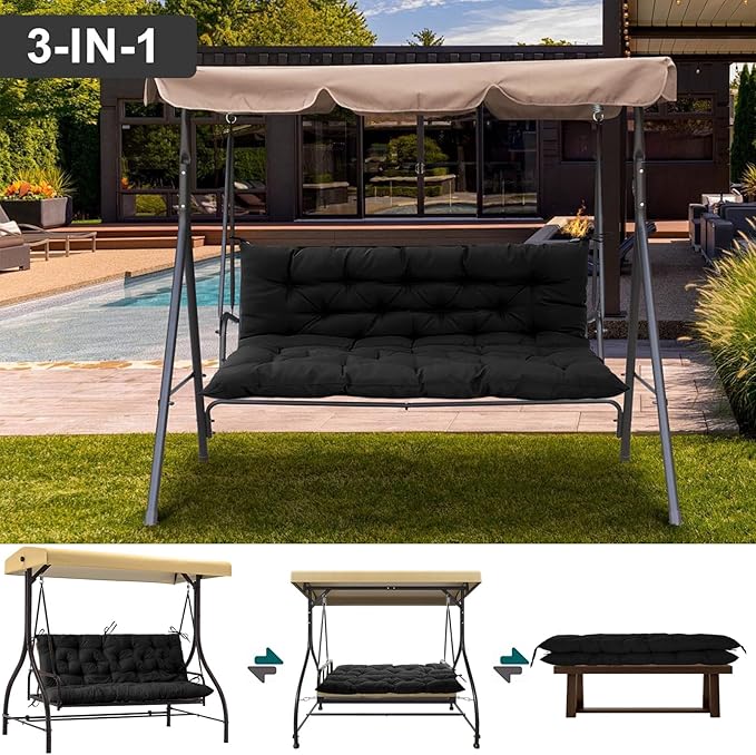Outdoor Swing Cushions 3 Seater Waterproof, Replacement Bench Cushions for Outdoor Patio Furniture with Backrest, Porch Swing Cushion with Ties for Lawn and Garden (Black, 40x71in)