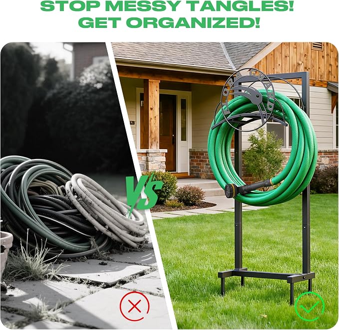 FLORA GUARD Garden Hose Holder Stand for Outside, Heavy Duty Freestanding Hose Hanger with 4 Long Spikes, Holds 160 ft Hose, Rustproof Metal Hose Storage Rack for Yard Lawn