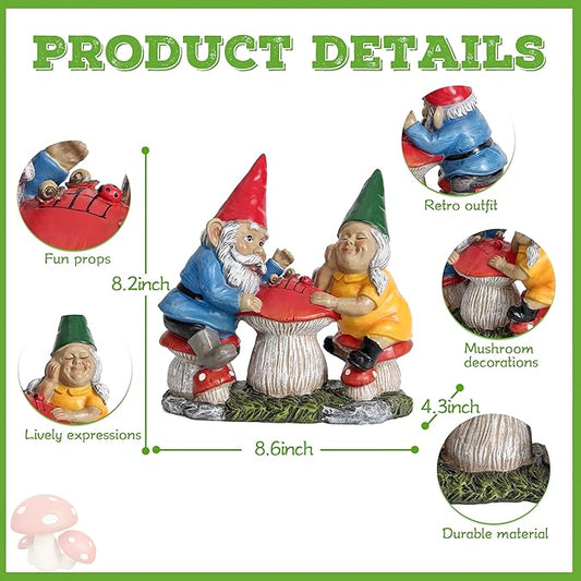 Garden Gnome Statue for Outdoor Decoration, Couple Gnome Figurine on Mushroom for Outside, Garden Mr and Mrs Gnome Playing Chess Sculptures for Yard Lawn Patio Decor, Love Gifts for Women
