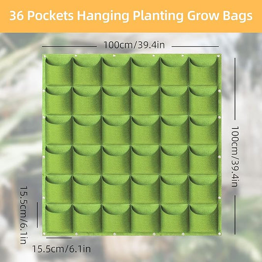 Hanging Planting Grow Bags, 36 Pockets Hanging Vertical Wall Planter Wall Mounted Grow Bag Outdoor Indoor Gardening Vertical Greening Flower Container, Planting Bags Storage Bags(1.0 m × 1.0 m, Green)