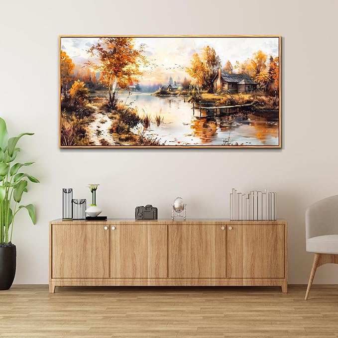 QIYILEXWART Canvas Wall Art For Living Room Wall Decor For Bedroom Office Wall Decoration Lakeside Cabins Autumn Landscape Painting Farmhouse Pictures Artwork Room Aesthetic Home Decor 20x40 In
