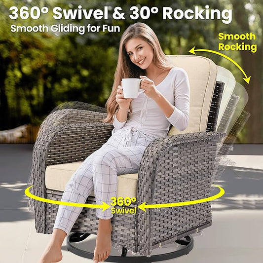 ovios 10 Pieces Patio Furniture Set, Outdoor Wicker Sofa Couch with Rocking Swivel Chairs Solar Lights Table Fire Pit, Modern Deep Seat Rattan Conversation Sets, Beige
