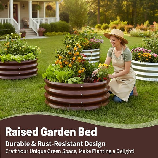 GOOZOO 2PC Galvanized Planter Raised Garden Beds, 2x2x1ft Raised Garden Bed Kit for Gardening Outdoor, Round Metal Land Planter Box for Vegetables, Fruits, Flowers(Brown)