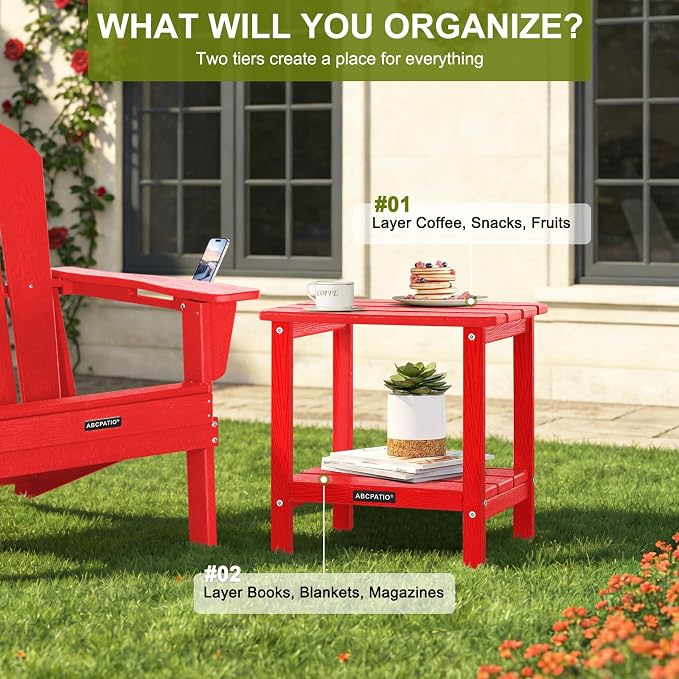Outdoor Side Table HDPE Small Outdoor End Table Patio Side Tables Square for Backyard Pool Porch Balcony Double Layer Storage, Red (Wood Grain Finish)