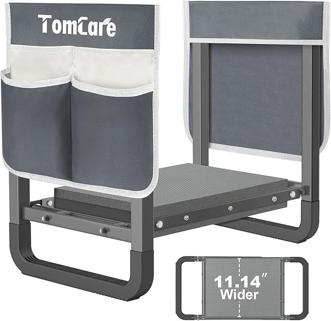 TomCare Garden Kneeler and Seat 11.14” Wider Larger Soft Kneeling Pad Garden Bench with 2 Large Tools Pouches Heavy Duty Foldable Garden Stool Gardening Gifts for Women Men Gardeners Seniors,Gray