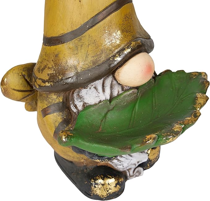 Alpine Corporation MCC854 Vintage Gnome Holding Leaf Bird Feeder with Hat, Playful Decor for Garden & Patio, 19" H, Yellow