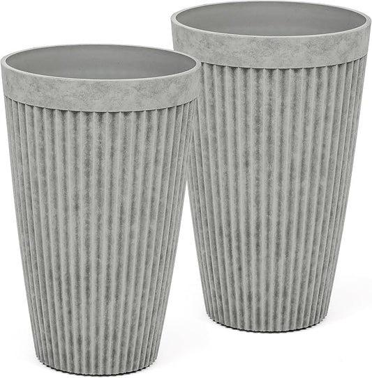 20" Resin Planters for Plants Tall Large Flower Pots Set of 2 Heavy-Duty Garden Pot Handmade Fluted Texture Weather-Resistant for Year Round Indoor Outdoor use, Vintage Gray