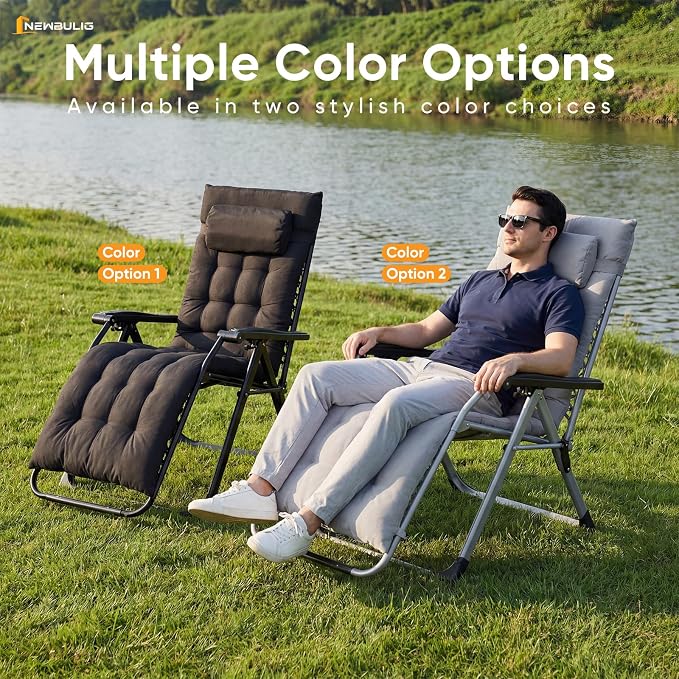 NEWBULIG Set of 2 Zero Gravity Chair, Folding Patio Recliner with Removable Cushion & Cup Holder Trays, Portable Lounge Chair for Beach & Camping, Classic Black