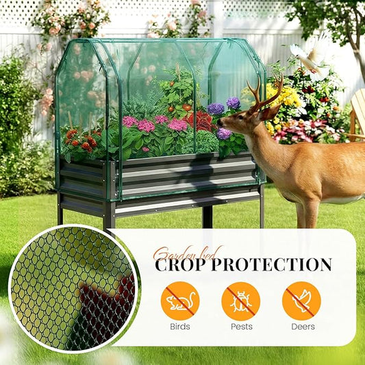 KING BIRD Large Raised Garden Bed with Netting Galvanized Elevated Planter Box with Legs 48×24×56 in for Backyard, Patio, Balcony, 400lb Capacity, Dark Grey