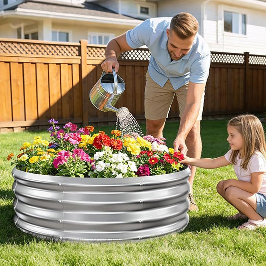 12 Inch Tall Heavy-Duty Round Steel Rised Garden Bed – Wave-Shaped Design Galvanized Metal Planter Box for Vegetables Flowers Succulent at Patio/Garden Outdoor (Silver, 36" Diameter)