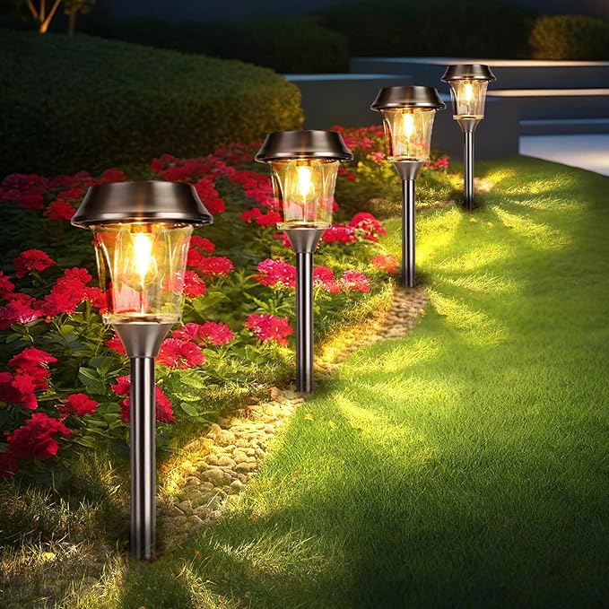 Solar Pathway Lights Outdoor Waterproof, 4 Pack Glass & Stainless Steel Landscape Lighting, Dual Brightness 12/25 Lumens Warm White, Auto On/Off IP65 Solar Powered LED Lights for Yard, Porch, Garden