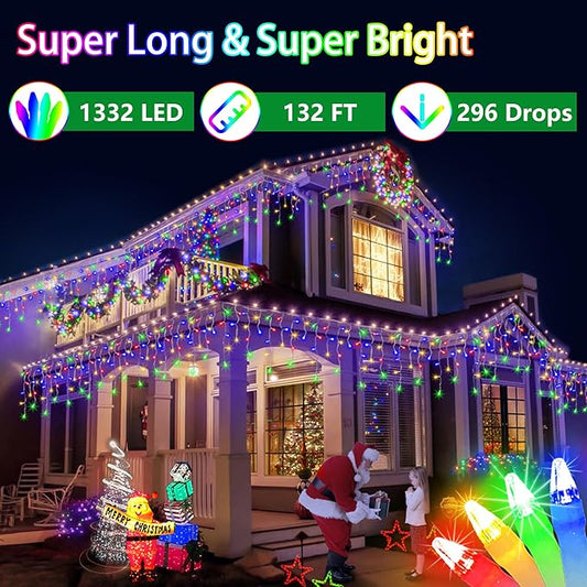 132FT 1332 LED Outdoor Christmas Lights - 296 Ice Drops, 12 Pro Modes with Timer Memory & Brightness, Waterproof Hanging Ice String Light for Holiday Wedding Garden Fence House Decor (Multicolor)