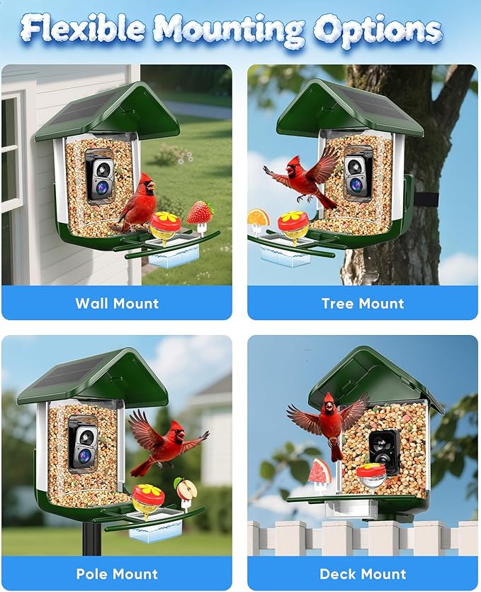 Bird Feeder with Camera Solar Powered - Smart Bird Feeder Camera 2K HD Live Stream, 5MP Photos, AI Identification for Backyard, 2.4Lb Large Capacity, Gifts for Mom Dad, Green White