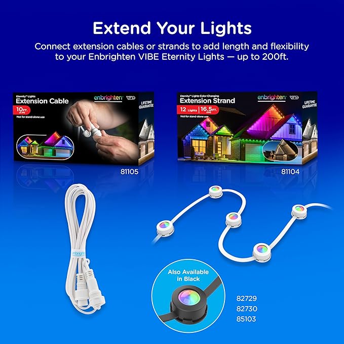 Enbrighten Vibe Eternity Permanent Outdoor Lights for House, 150ft, 108 RGBWIC LEDs, Close Spacing, 33lm, Color Changing, Christmas, Eave Lighting, Smart App, Works with Alexa, Google Home, 85102
