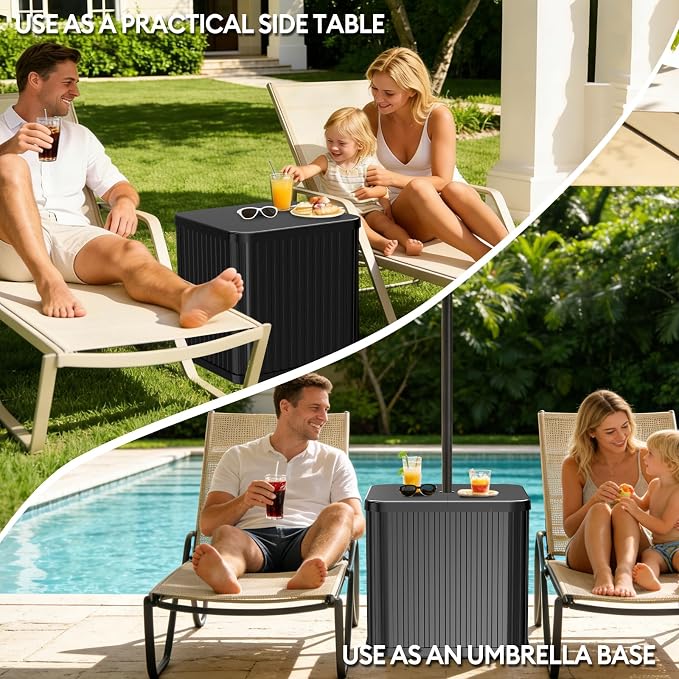 Umbrella Side Table Outdoor Patio Table with Umbrella Hole, Heavy Duty Plastic Poolside Table Holds 132 lbs with Water Filled Base, Fits ≤1.5”Umbrella Pole for Poolside & Backyard, White