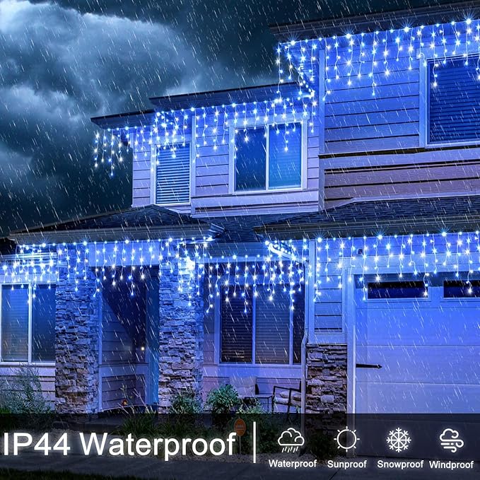 Icicle Christmas Lights Outdoor, 33ft 400 LED Blue and White Christmas Lights 8 Modes with 75 Drops, Waterproof Icicle Light Plug in for Indoor Outside Party Holiday Xmas Halloween Decorations