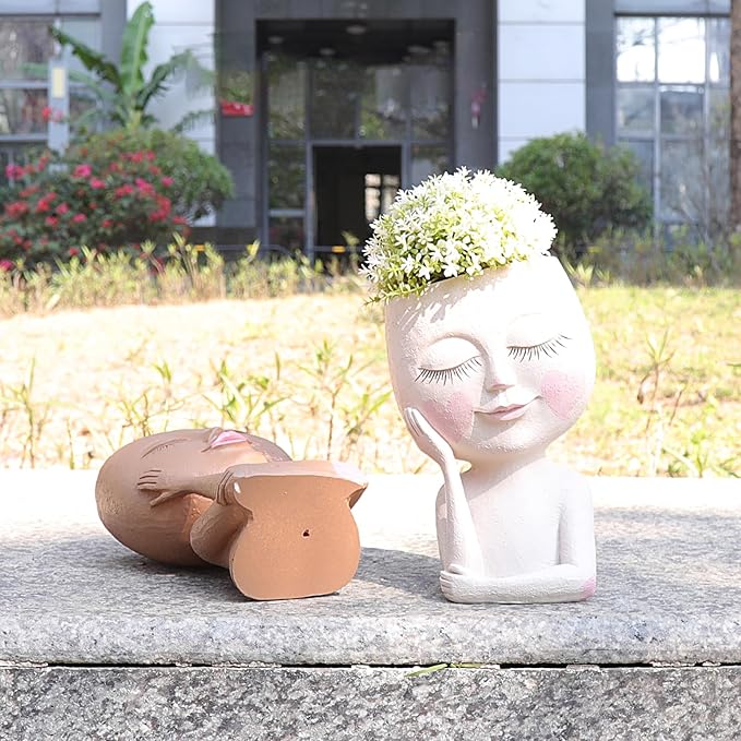 Large Face Flower Pot Head Planter for Indoor and Outdoor Cute Plant Pots with Drainage Hole Resin Cactus Plant Holder Succulent Pots for DIY