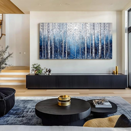 SERIMINO Birch Forest Wall Art, Nature Tree Extra Large Artwork, Spiritual Landscape Canvas Painting, Blue and White Aesthetic Pictures Wall Decor Living Room Bedroom Office Art Prints 29"X57"