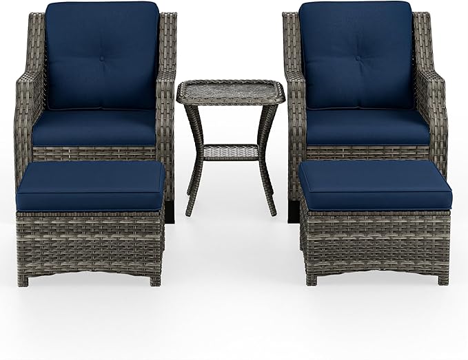 5 Piece Patio Furniture Wicker Conversation Set, 2 Chairs, 2 Ottomans with 1 Side Table, for Outdoors, Backyard, Deck, Navy