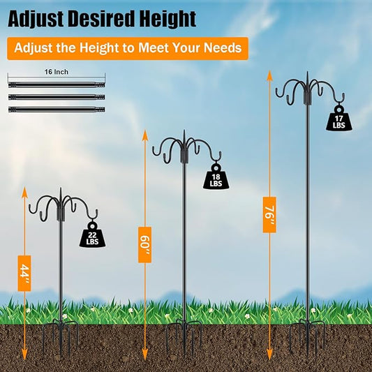 FEED GARDEN Heavy Duty Shepherds Hook 2 Pack 76" Four Hooks Adjustable (44/60/76") - Metal 5-Prong Base, 17lb Capacity - Easy Assembly Bird Feeder Pole for Hanging Planters, Lanterns, Wind Chimes