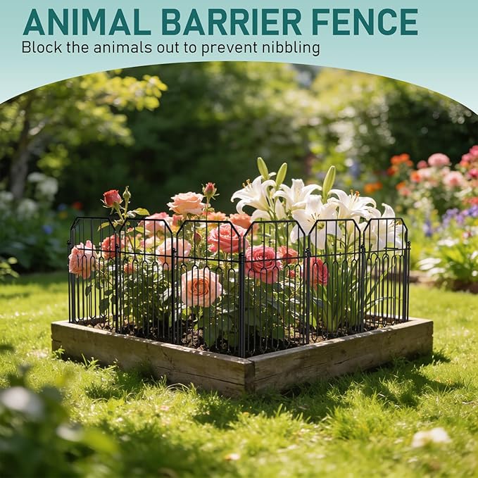 Goovilla Garden Fence, Total 10ft(L) x 21in(H) Garden Fencing Animal Barrier, 10 Pcs Rustproof Metal Wire No Dig Fence Panels, Black Decorative Garden Fences and Borders for Dogs, Flower Bed, Patio
