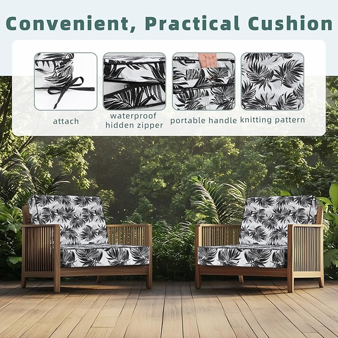 Favoyard Deep Seat Patio Cushion 19 x 19 x 3 in Waterproof Seat & Back Cushion Set with Color Fade Resisitant Pattern, Portable Handle, Attach Straps, Zipper on Removable Cover for Outdoor Furniture