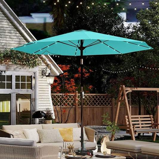 10FT Solar Umbrella 32 LED Lighted Patio Umbrella Table Market Umbrella w/Tilt and Crank, UV-Resistant Outdoor Umbrella for Pool, Garden, Deck, Aqua Blue