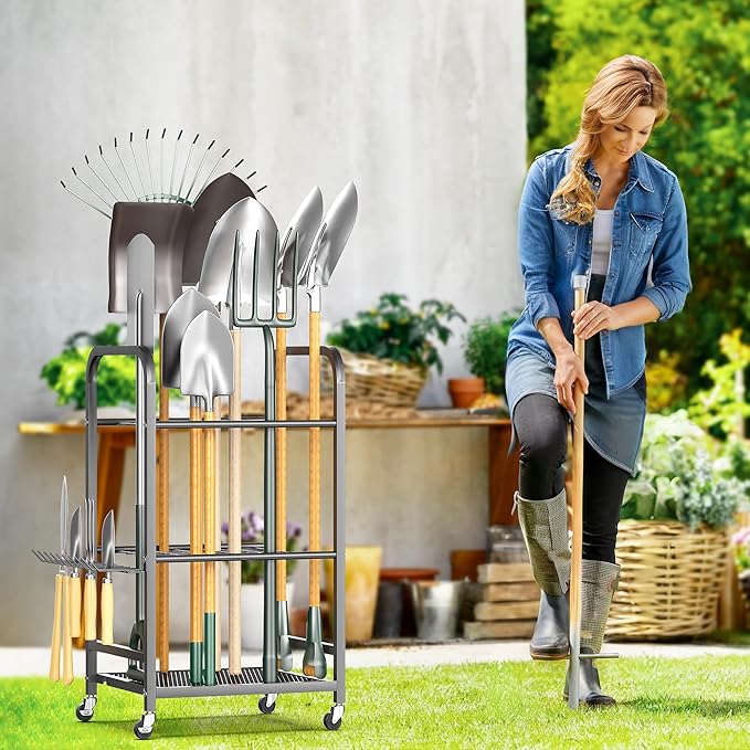 EVERHANGER Garden Tool Organizer and Storage, Yard Tool Stand Garage Tool Organization, Yard Tool Racks for Indoor/Outdoor Use