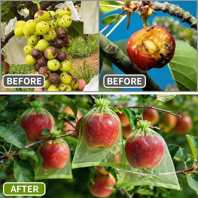 GliSun 100Pcs Fruit Protection Bags 6x9 Inch, Green Mesh Netting Cover with Drawstring Pest Barrier for Grapes Tomato Strawberry Blueberry - Garden Supplies for Vegetables & Fruit Trees