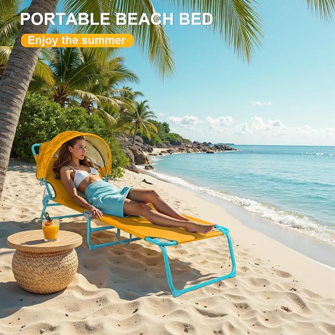 Northroad Beach Lounge Chair with Canopy Shade, Adjustable 4 Position Foldable Tanning Chair, Outdoor Heavy Duty Chaise Lounge Chair, for Poolside Patio Sunbathing Lawn, UPF 50+, Yellow
