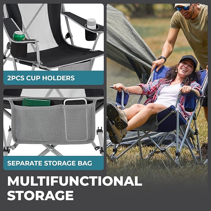 FUNDANGO Rocking Camping Chair, High Mesh Back Portable Folding Camp Chairs with Pillows, Cup Holder and Carry Bag for Lawn Patio Garden Outdoor Supports 300 Lbs (Green/Grey)