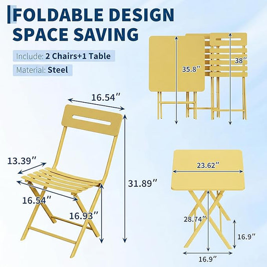 GarveeTech 3-Piece Folding Bistro Set, Heavy Duty Outdoor Patio Furniture with 2 Chairs & 1 Table, Weather-Resistant Steel Frame, No Assembly Required for Garden, Yard, Balcony,Yellow