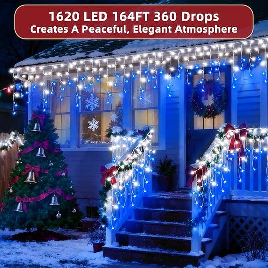 1620 LED Christmas Lights Outdoor 164 FT with 360Drops, Christmas Decorations Hanging Lights 12 Modes, Dimmable Fairy String Lights for Wedding Party Holiday Winter Wonderland Decor Blue & White