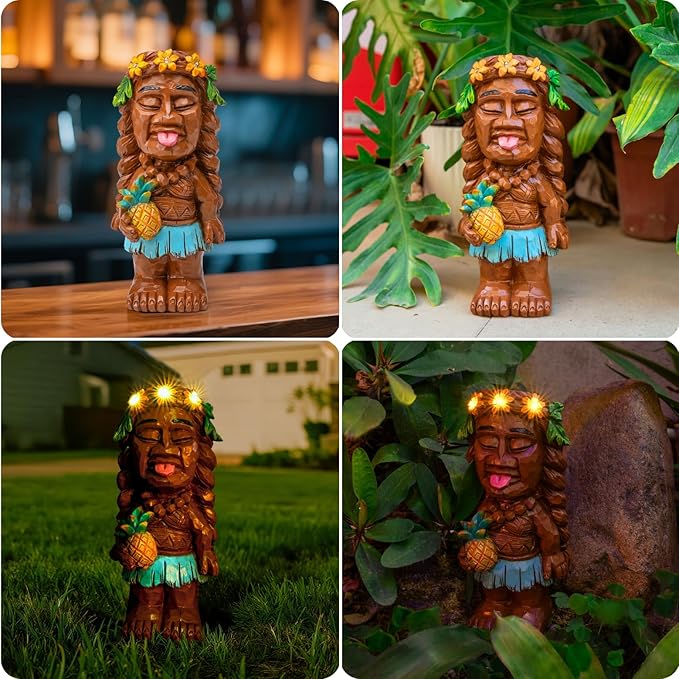 Solar Tiki Girl Garden Statues Tiki Lady Statue Holding Pineapple Figurine with Flower LED Lights for Tiki Bar Porch Patio Yard Outdoor Decorations Christmas Birthday Gardening Gift for Mom Women