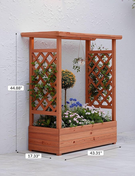 GarveeLife Raised Garden Bed with Trellis, 45 in Wood Planter Box with Side Trellis, Hanging Roof, and 4 Drainage Holes, Freestanding Elevated Garden Bed for Climbing Plants, Vines, Flowers