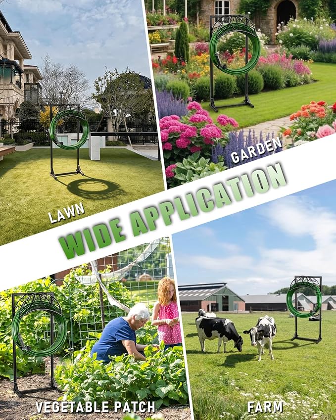 Heavy Duty Garden Hose Holder Freestanding, Metal Water Hose Holders for Outside with 4 Spikes, Rustproof Outdoor Hose Stand Holds 150FT, Free Standing Hose Storage Hanger for Yard Lawn