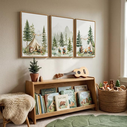 Framed Forest Animal Wall Art for Nursery, 3 Piece Nature Cute Whimsical Bear Fox Rabbit Canvas Painting Prints for Modern Farmhouse, Rustic Cabin Toddler Girl Artwork for Bedroom Kids Room, 16x24