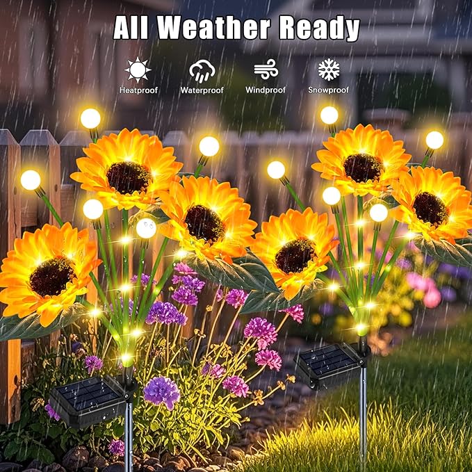 Sunflower Solar Lights Outdoor Garden Decor,Upgraded Solar Sunflowers with Firefly Lights Waterproof,Gifts for Mom Women Grandma,Garden Decor for Outside Yard Patio Pathway Lawn(2 Pack)
