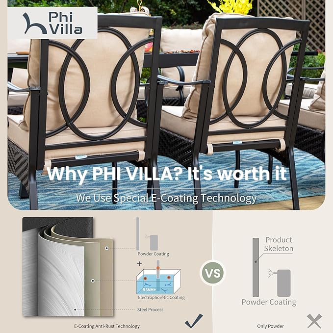 PHI VILLA Patio Chairs Set of 6, Heavy Duty Outdoor Metal Wicker Dining Chair with Thick Cushions, Large All Weather Wrought Iron Deck Chair for Outisde, Porch Backyard, Support 300lbs