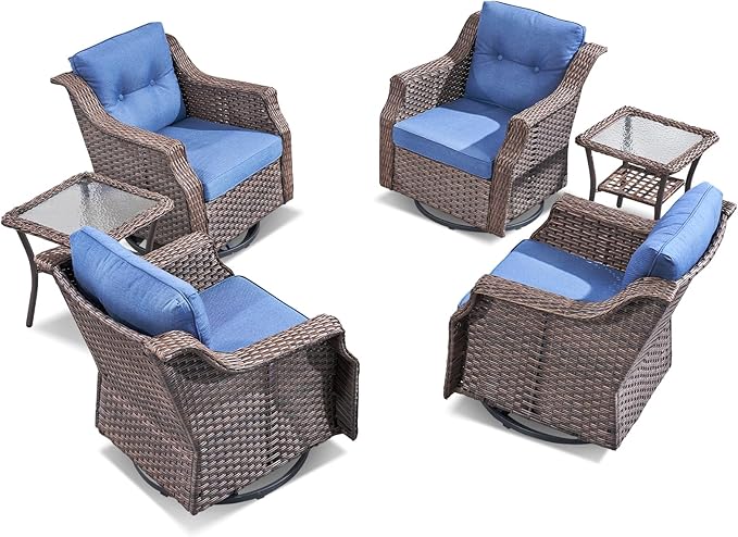 Outdoor Wicker Glider Rocker Set of 2, All Weather PE Rattan Swivel Rocking Chair with Side Table for Yard, Balcony, Deck, Porch (Blue, 6PC-Swivel Gliders & Side Table)