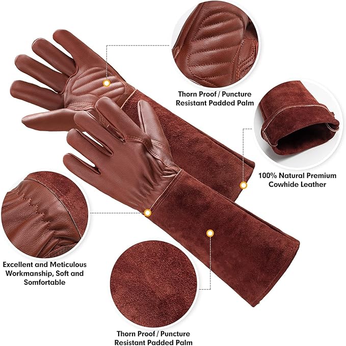 Thorn Proof Gardening Gloves for Men & Women, Long Cowhide Leather Rose Pruning Gloves with Forearm Protection, Puncture Resistant Gauntlets for Cacti, Blackberries & Yard Work(chocolate brown,Small)