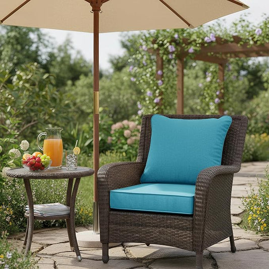 Summsun Faux Linen Outdoor Chair Cushions, Water Resistant Backrest and Deep Seat Cushion Set with Removable Cover, Straps, Non-Slip Bottom for Patio Furniture, 22 x 22 Inch, Teal