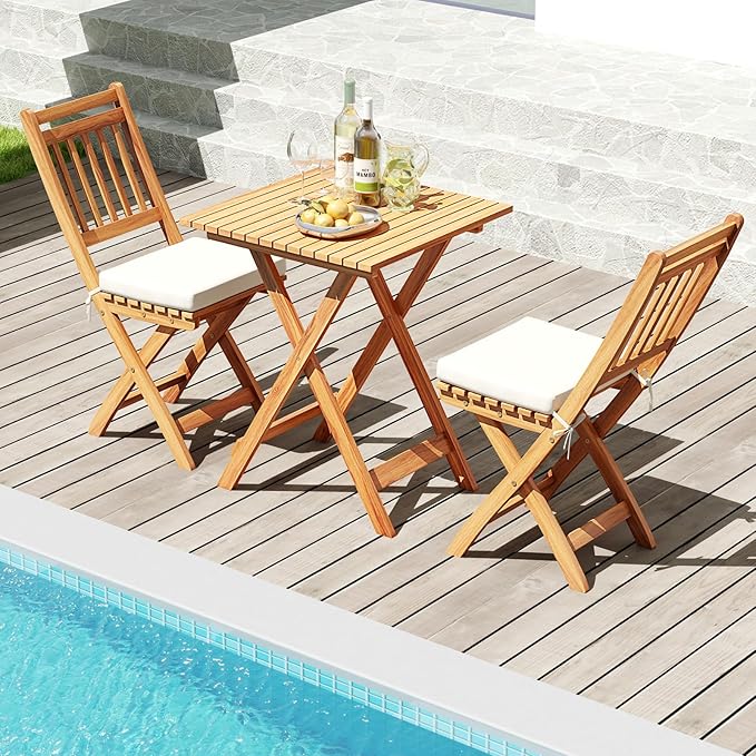KOTEK Outdoor Folding Bistro Set, 3 Pieces Acacia Wood Bistro Set with Soft Cushions, Patio Bistro Table and Chairs for Backyard, Porch, Poolside (Vertical Slats)