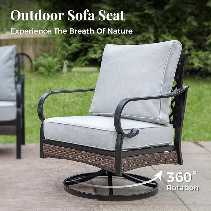 Patio Furniture Set with Firepit Table, Black Frame Outdoor Conversation Set with 2 x Fixed Chairs, 2 x Swivel Chairs, 1 x 3-Seat Sofa for Lawn Garden Backyard, Light Grey