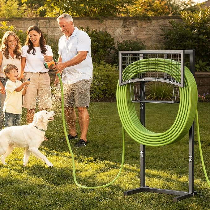 Garden Hose Holder Freestanding with Storage Basket, Holds Up to 165FT Hose, Heavy Duty Metal Water Hose Holder with 4 Anchor Spikes, for Yard, Lawn & Patio