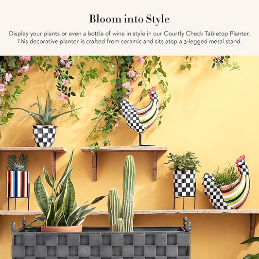 MACKENZIE-CHILDS Tabletop Ceramic Planter with Stand, Decorative Pot for Indoor Plants, Black-and-White Courtly Check