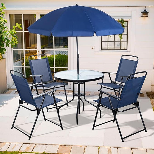 Shintenchi 6 Piece Patio Dining Set with Umbrella, Outdoor Furniture Set with 4 Folding Chairs and Tempered Glass Top Dining Table fot Lawn Backyard Garden Porch Blue